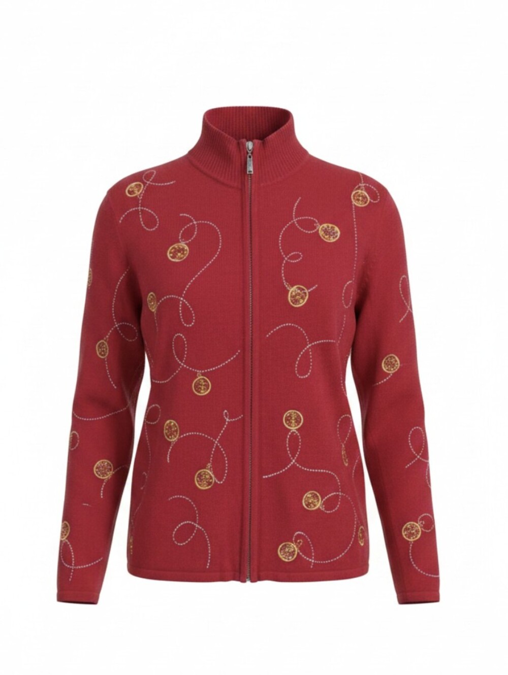 Vtg 90s Red Zip-Up Sweater Embroidered Holiday Ornaments Ramie/Cotton Sz PS